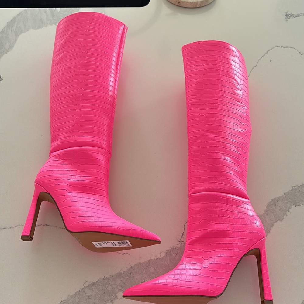 River Island Pink Croc Embossed Knee High Boots